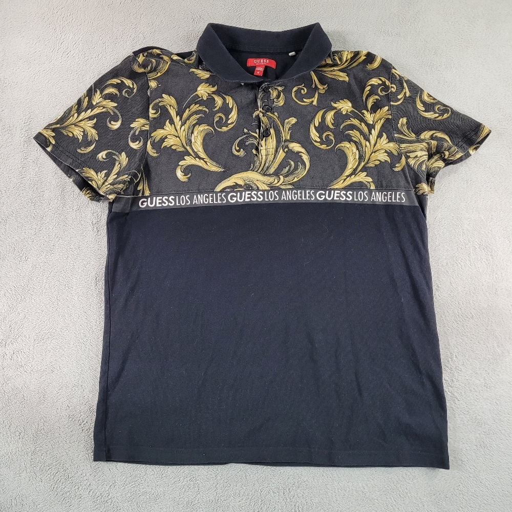 GUESS Los Angeles Men's Black and Gold Patterned Shirt